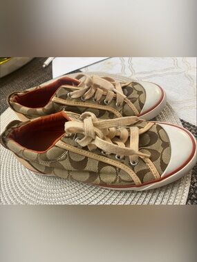 Coach Khaki Signature Canvas Sneakers with Orange Lining